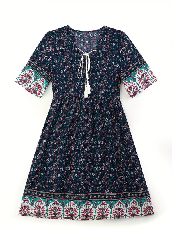 Floral Print V Neck Dress Short Sleeve Casual Dress