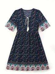 Floral Print V Neck Dress Short Sleeve Casual Dress