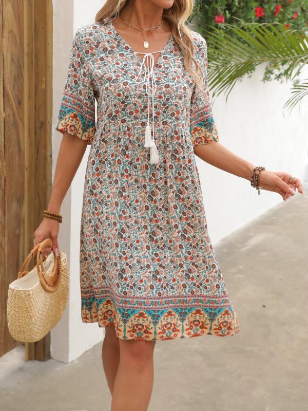 Floral Print V Neck Dress Short Sleeve Casual Dress