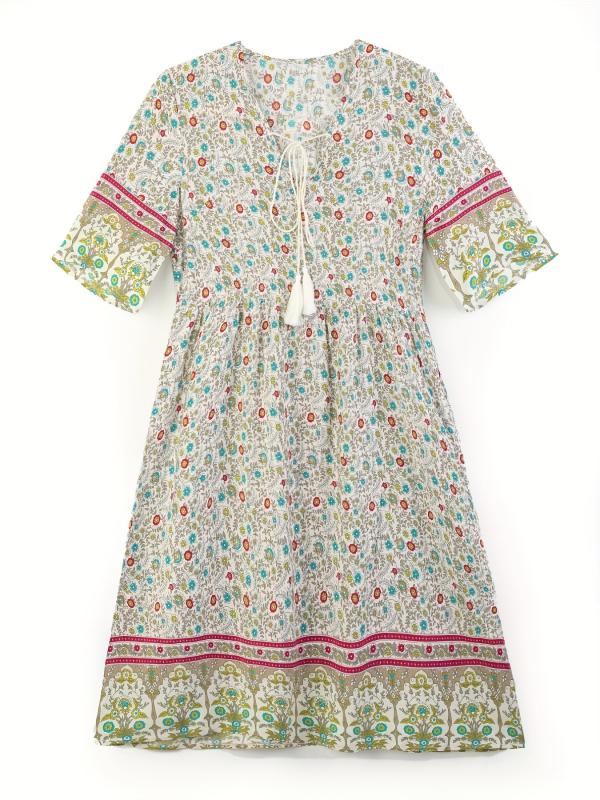 Floral Print V Neck Dress Short Sleeve Casual Dress