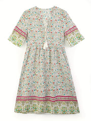 Floral Print V Neck Dress Short Sleeve Casual Dress
