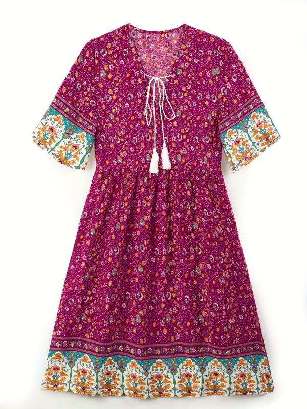 Floral Print V Neck Dress Short Sleeve Casual Dress