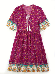 Floral Print V Neck Dress Short Sleeve Casual Dress