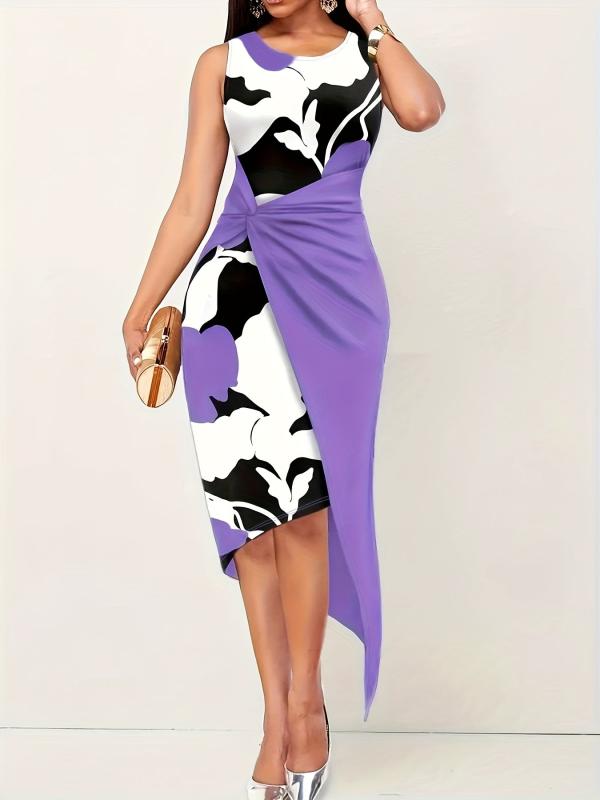 Floral Print Twist Dress Sleeveless Asymmetrical