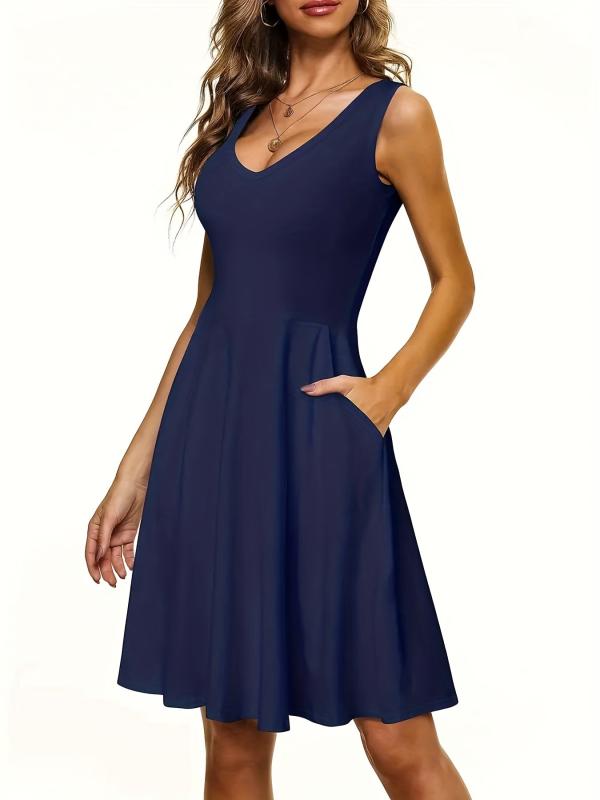 Solid V Neck Dress Casual Pleated Sleeveless Versatile Dress