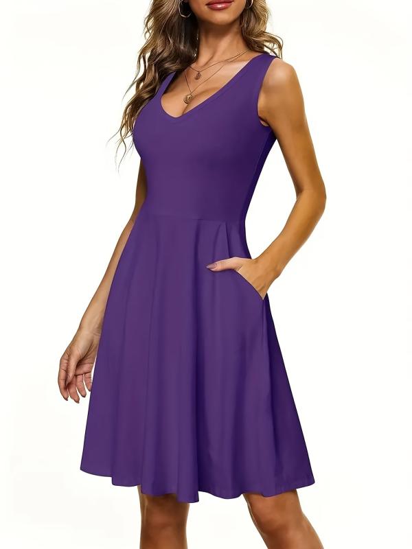 Solid V Neck Dress Casual Pleated Sleeveless Versatile Dress