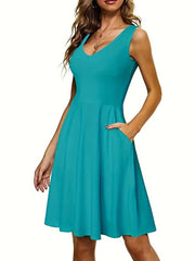 Solid V Neck Dress Casual Pleated Sleeveless Versatile Dress