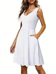 Solid V Neck Dress Casual Pleated Sleeveless Versatile Dress