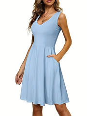 Solid V Neck Dress Casual Pleated Sleeveless Versatile Dress