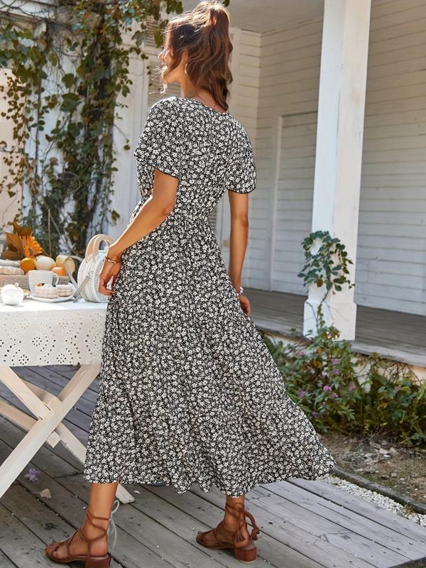 Floral Print Button V Neck Dress Short Sleeve Casual Dress