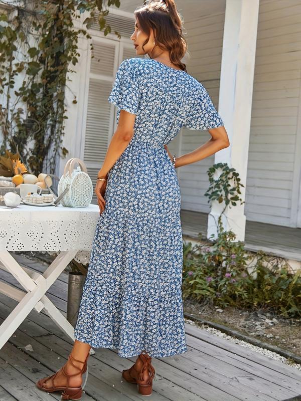 Floral Print Button V Neck Dress Short Sleeve Casual Dress