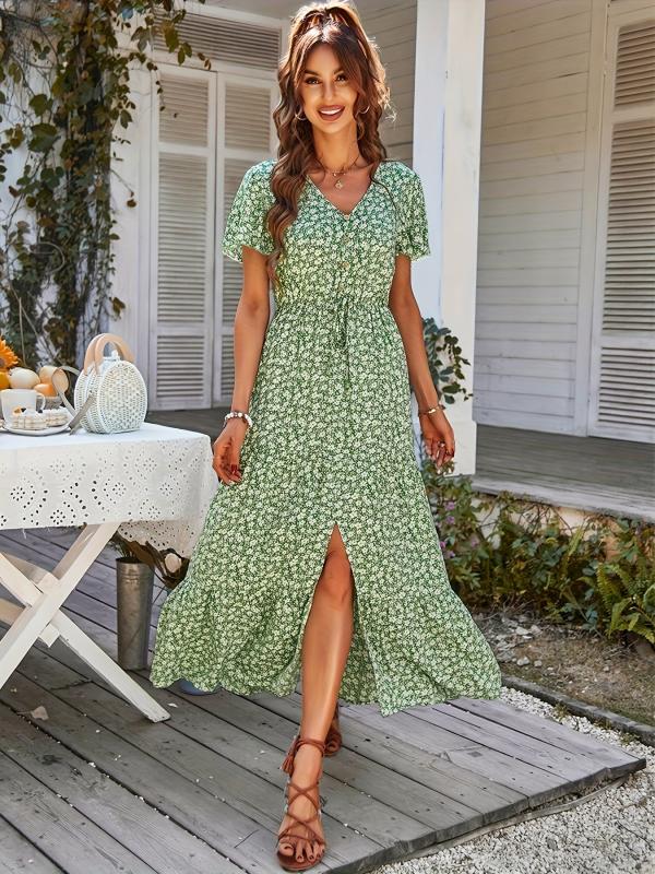 Floral Print Button V Neck Dress Short Sleeve Casual Dress