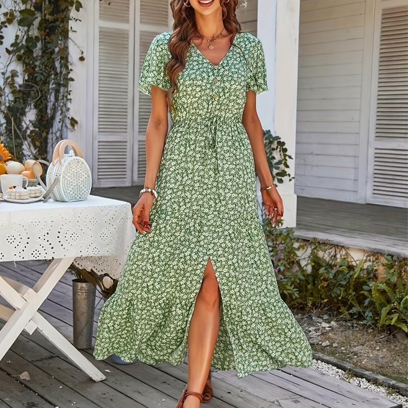 Floral Print Button V Neck Dress Short Sleeve Casual Dress