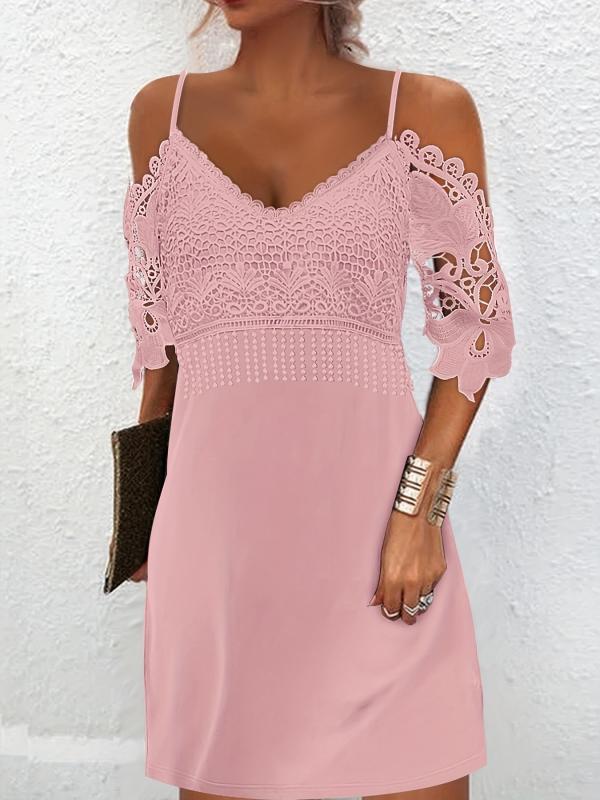 Lace Cold Shoulder Dress V Neck Short Sleeve Women's Casual Dress