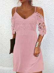 Lace Cold Shoulder Dress V Neck Short Sleeve Women's Casual Dress