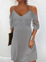 Lace Cold Shoulder Dress V Neck Short Sleeve Women's Casual Dress