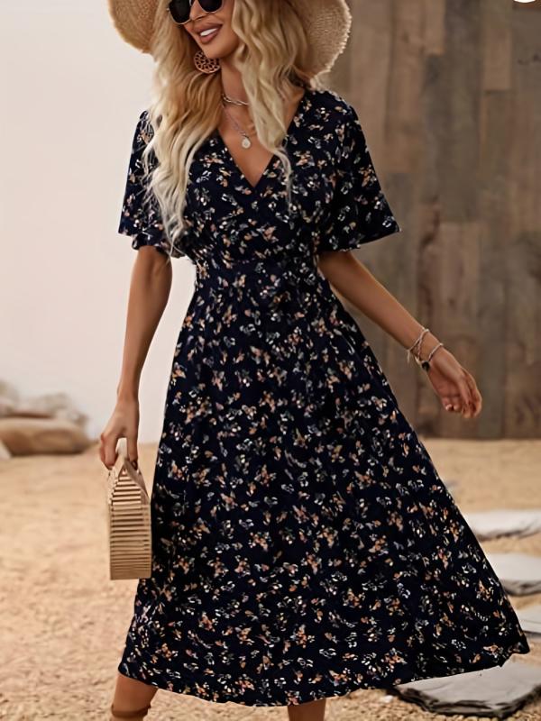 Floral Print Flutter Sleeve Dress Boho V Neck Slim Waist Dress
