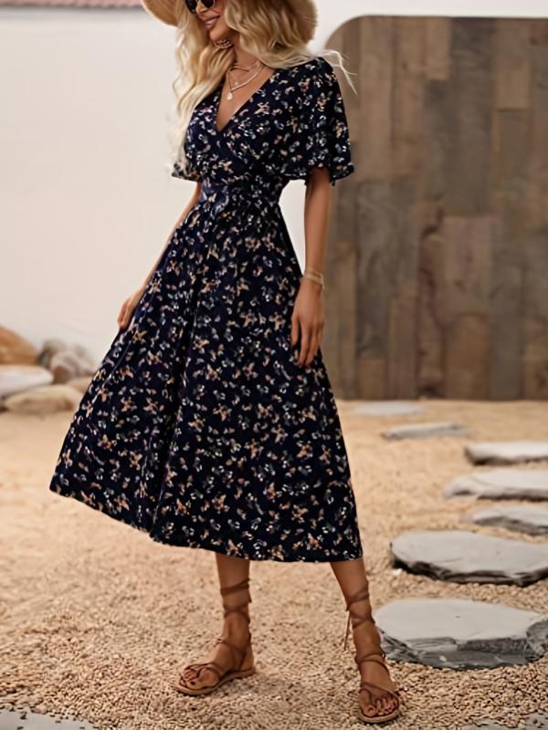 Floral Print Flutter Sleeve Dress Boho V Neck Slim Waist Dress
