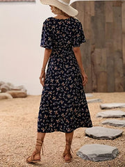 Floral Print Flutter Sleeve Dress Boho V Neck Slim Waist Dress