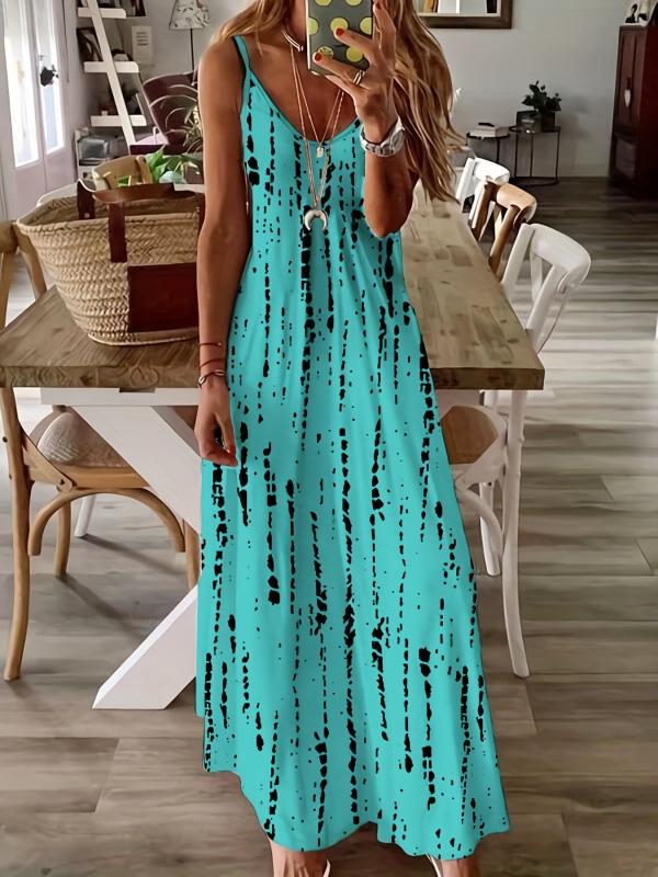 Tie Dye Striped Spaghetti Dress Casual Sleeveless V Neck Maxi Cami Dress
