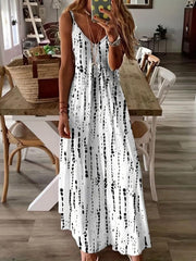 Tie Dye Striped Spaghetti Dress Casual Sleeveless V Neck Maxi Cami Dress