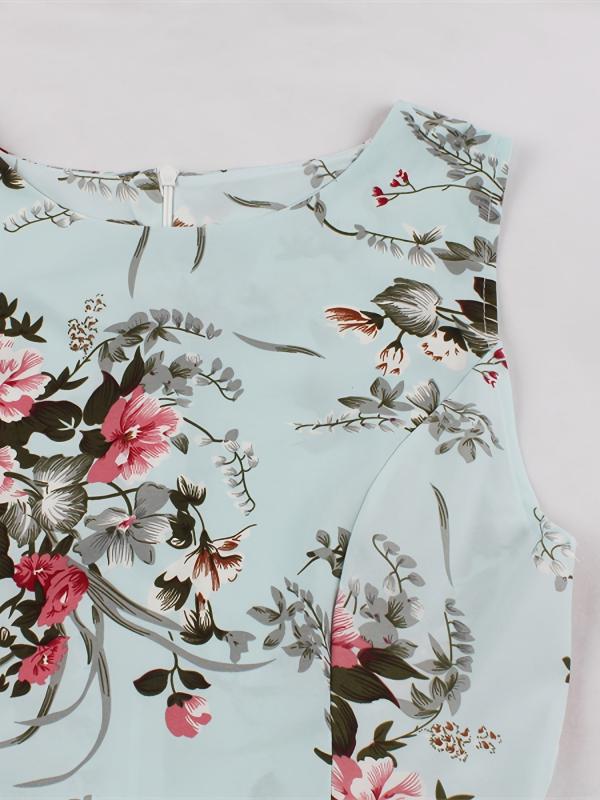 Vintage Floral Print Tie Front Dress Crew Neck Sleeveless Tank
