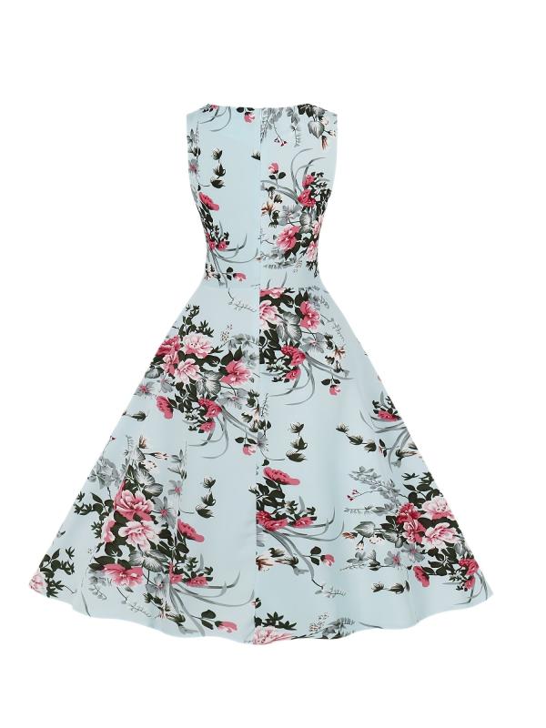 Vintage Floral Print Tie Front Dress Crew Neck Sleeveless Tank