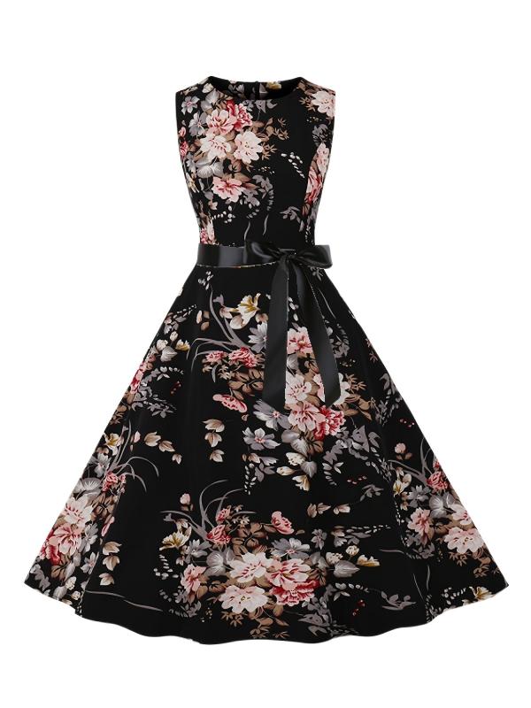 Vintage Floral Print Tie Front Dress Crew Neck Sleeveless Tank