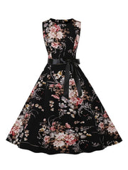 Vintage Floral Print Tie Front Dress Crew Neck Sleeveless Tank