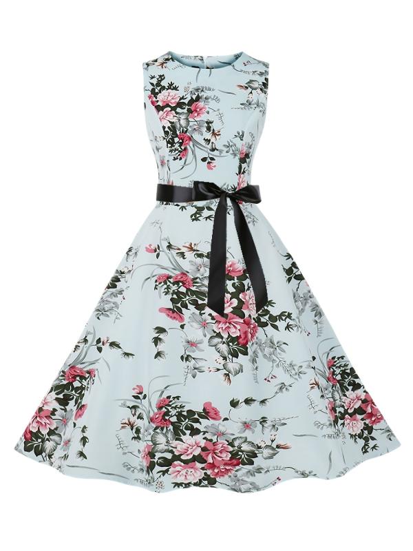 Vintage Floral Print Tie Front Dress Crew Neck Sleeveless Tank