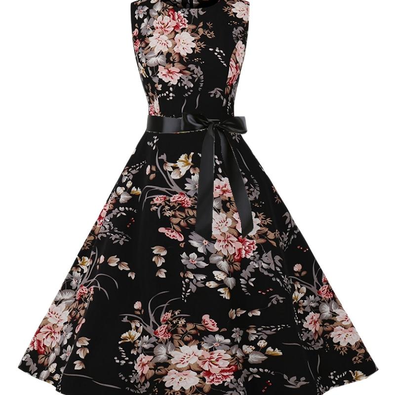 Vintage Floral Print Tie Front Dress Crew Neck Sleeveless Tank