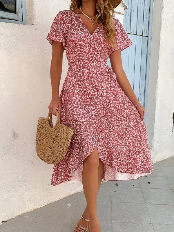 Floral Print Flutter Sleeve Dress Wrap V neck Dress