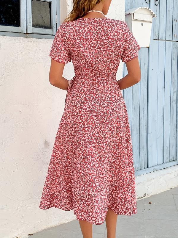 Floral Print Flutter Sleeve Dress Wrap V neck Dress