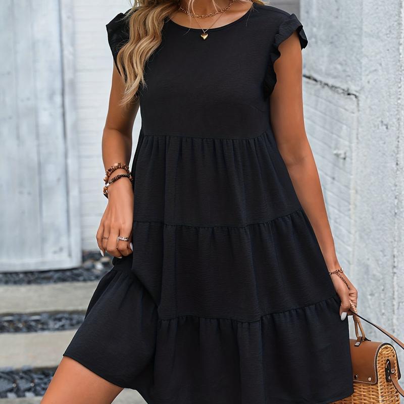 Ruffle Sleeve Dress Crew Neck Ruched Dress