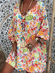 Floral Print V Neck Dress Casual Long Sleeve Dress