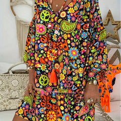 Floral Print V Neck Dress Casual Long Sleeve Dress