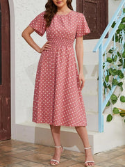Flutter Sleeve Pin Dot Dress High Waist