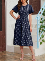 Flutter Sleeve Pin Dot Dress High Waist