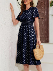 Flutter Sleeve Pin Dot Dress High Waist