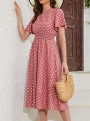 Flutter Sleeve Pin Dot Dress High Waist