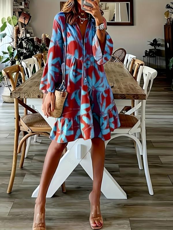 Leaves Print Tiered Dress Long Sleeve Casual Dress