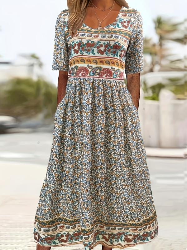 Floral Print Crew Neck Dress Short Sleeve Casual Dress