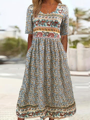 Floral Print Crew Neck Dress Short Sleeve Casual Dress