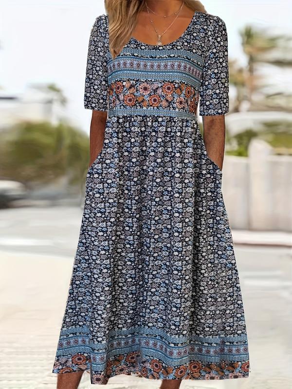 Floral Print Crew Neck Dress Short Sleeve Casual Dress