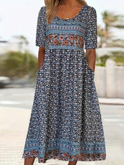 Floral Print Crew Neck Dress Short Sleeve Casual Dress