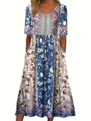 Floral Print Crew Neck Dress Short Sleeve Casual Dress