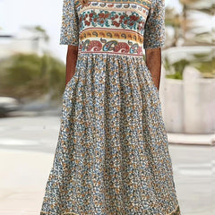 Floral Print Crew Neck Dress Short Sleeve Casual Dress