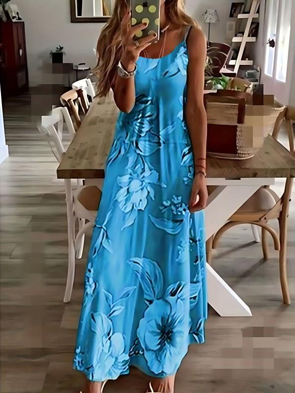 Floral Print Spaghetti Maxi Dress Sexy Sleeveless Plunging V-Neck
