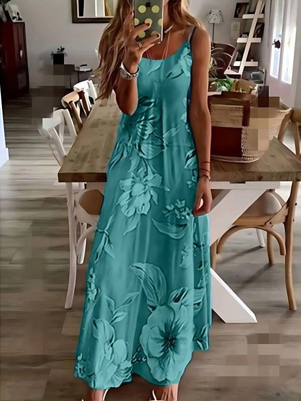 Floral Print Spaghetti Maxi Dress Sexy Sleeveless Plunging V-Neck