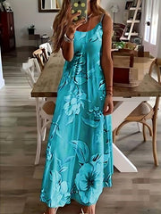 Floral Print Spaghetti Maxi Dress Sexy Sleeveless Plunging V-Neck